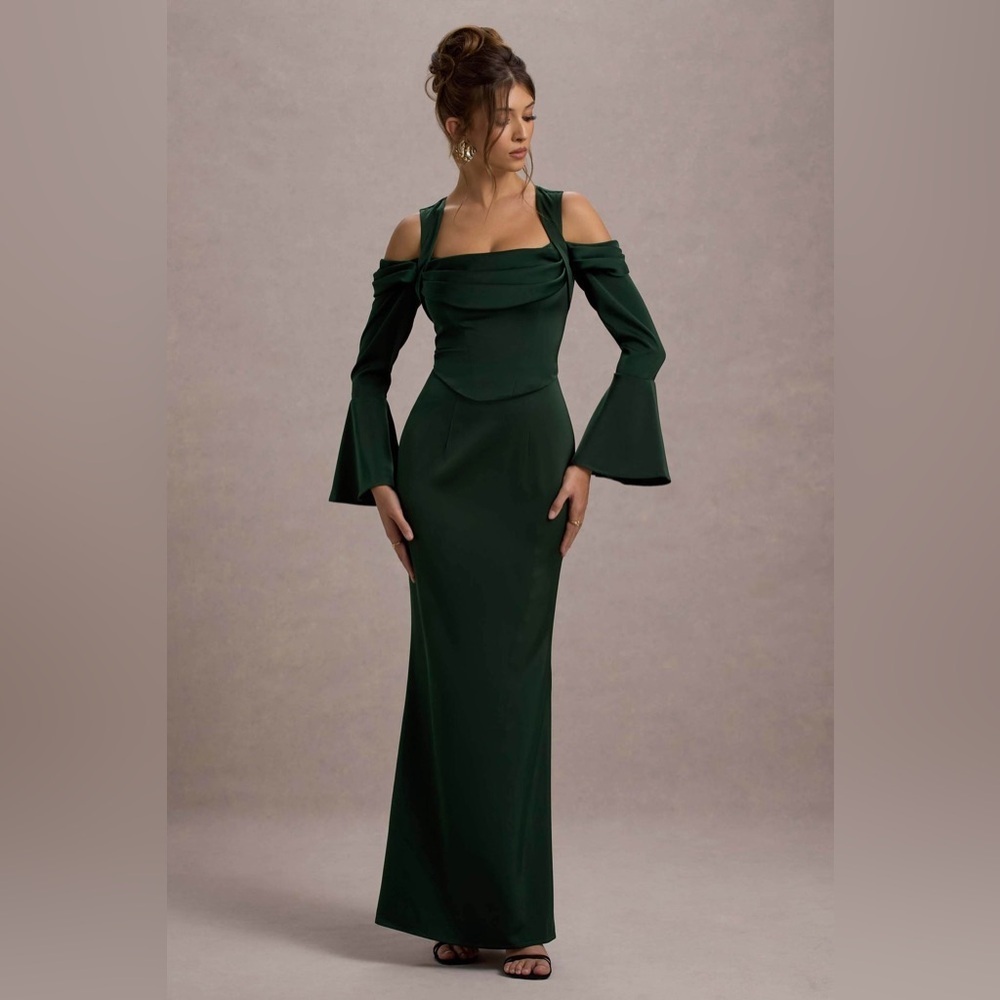 Club L HEARTTHROB Black Satin Draped Bardot Maxi Dress Size US 4
